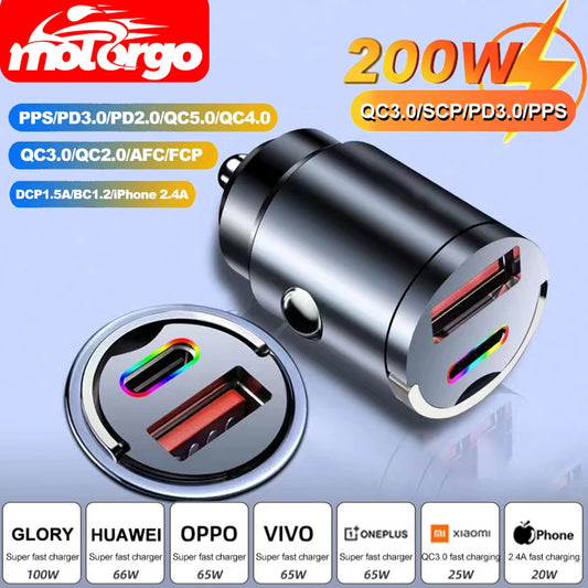 100W/200W QC3.0 PD Mini Car Charger 12-24V Lighter Fast Charging Car USB Type C Charger for Xiaomi Samsung Huawei iPhone Power